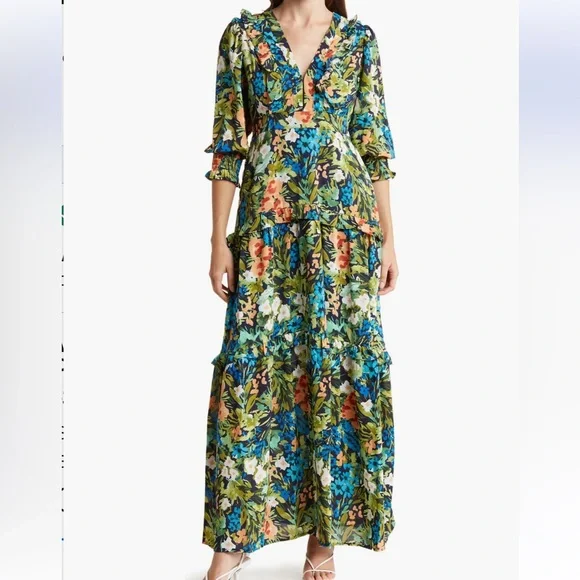 MELLODAY V-Neck Tiered Maxi Dress in Black Blue at Nordstrom Rack, Size Small